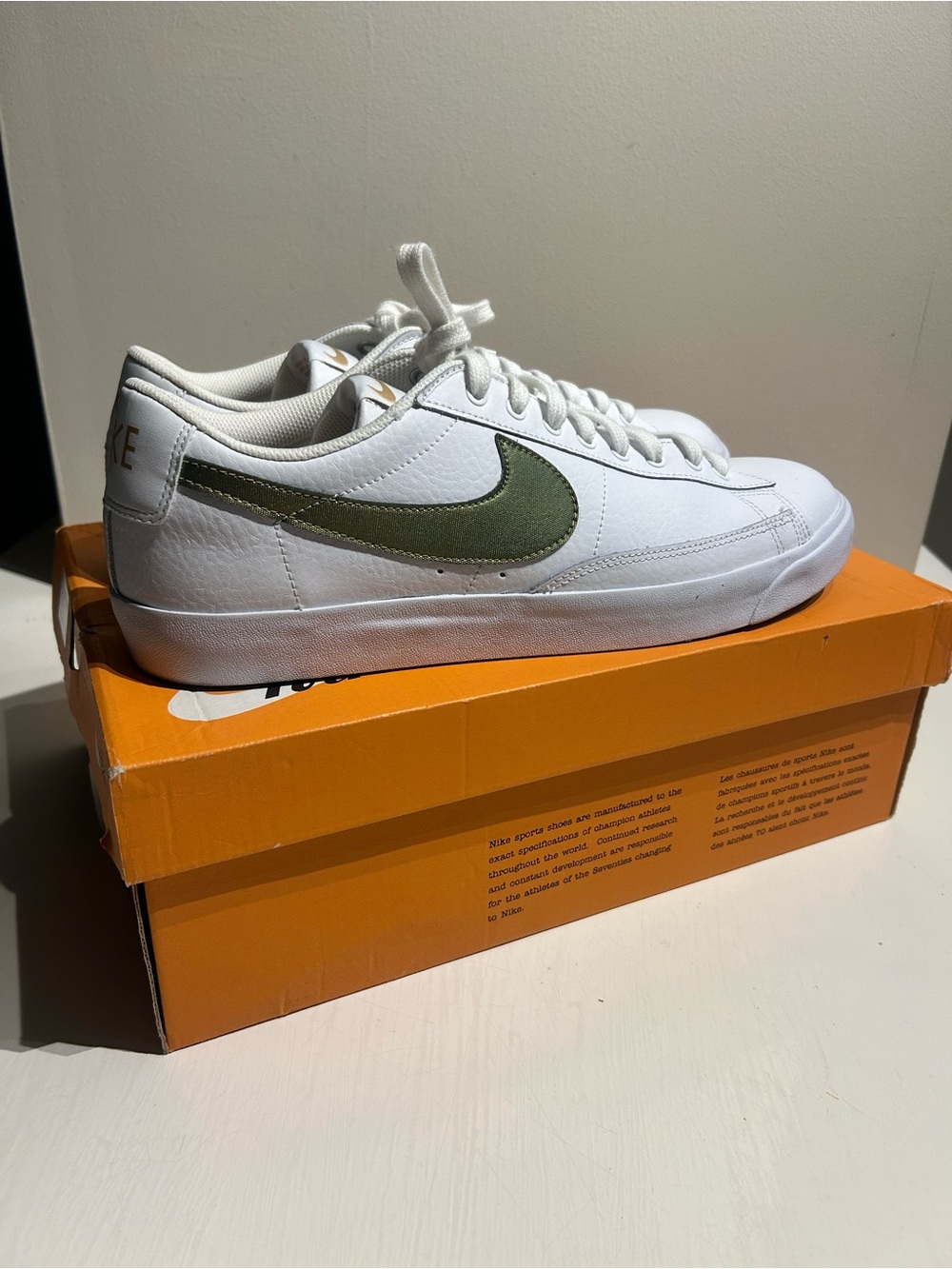 Nike Men's White Blazer Low Sneakers with Olive Swoosh, Size 13